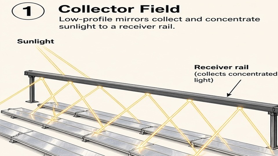 Linear Fresnel field concentrating onto the receiver rail